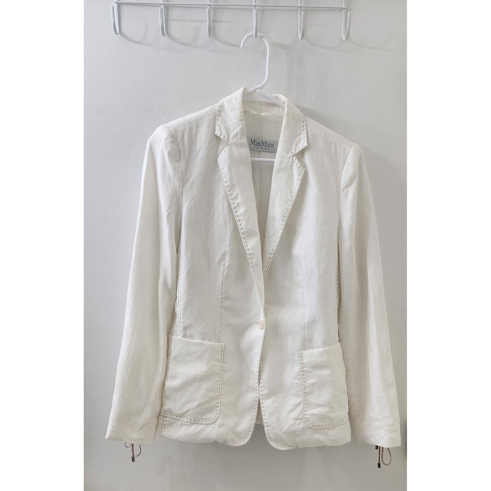Max‎ Mara Ivory Linen Blazer Lace Up Cuff Pick Stitch Jacket Italy US 8 10410372